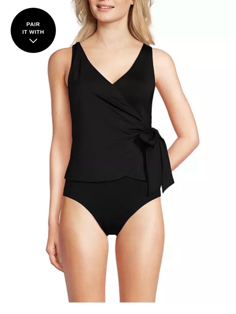 Lands' End Women's Side Tie Tankini Top 18D Black Padded Resortwear Beach
